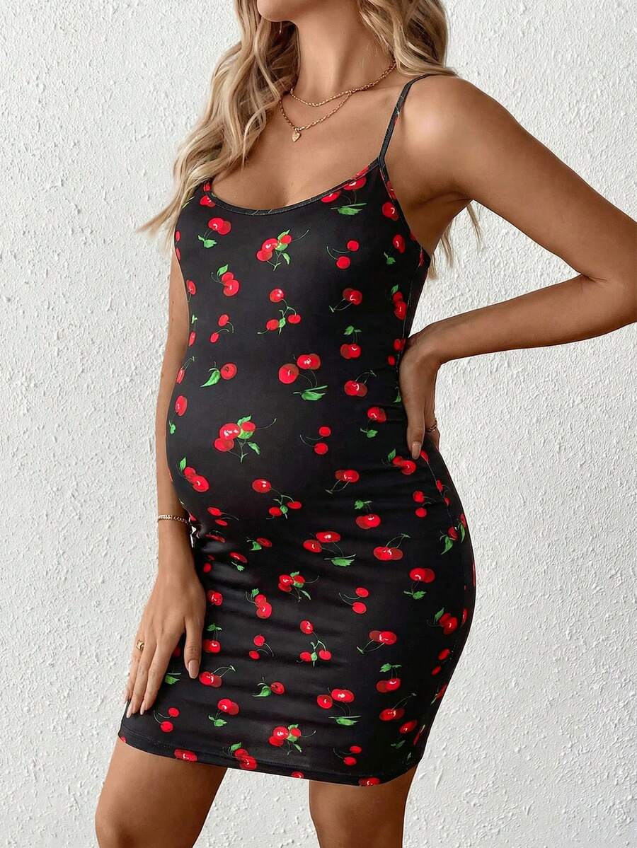 Maternity Sleeveless Fitted Cherry Print Mini Cami Dress Slim Fit Spaghetti Strap Baby Shower Party Outfit