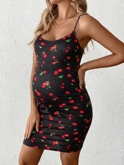 Maternity Sleeveless Fitted Cherry Print Mini Cami Dress Slim Fit Spaghetti Strap Baby Shower Party Outfit