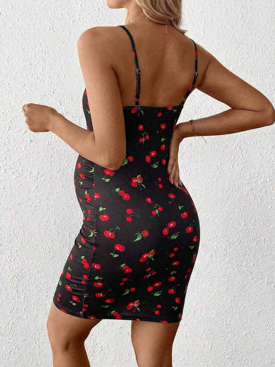 Maternity Sleeveless Fitted Cherry Print Mini Cami Dress Slim Fit Spaghetti Strap Baby Shower Party Outfit