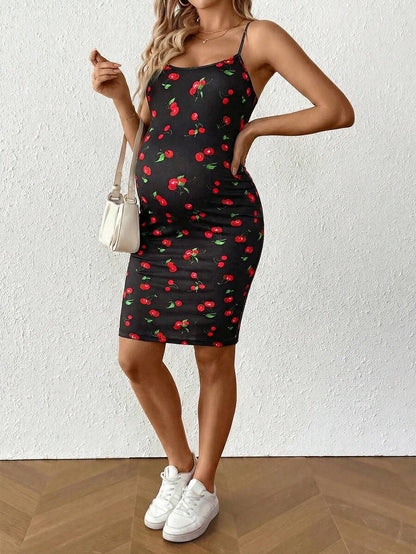 Maternity Sleeveless Fitted Cherry Print Mini Cami Dress Slim Fit Spaghetti Strap Baby Shower Party Outfit