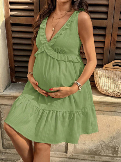 Maternity Light Yellow Deep V Neck Puff Sleeve Ruffle Trim A Line Short Dress for Beach and Summer Vacation