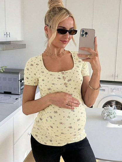 Maternity Grey Ditsy Floral Square Neck Short Sleeve T-Shirt - Slim Fit Knitted Summer Top for Pregnant Women