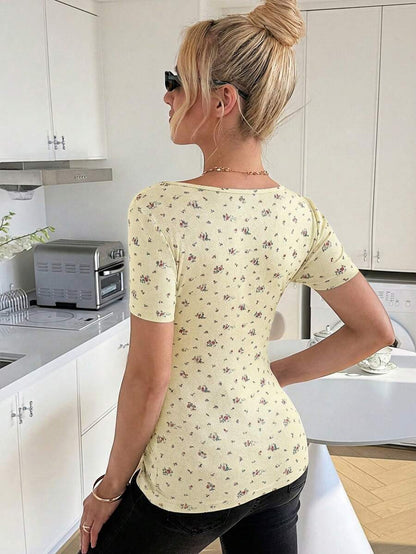 Maternity Grey Ditsy Floral Square Neck Short Sleeve T-Shirt - Slim Fit Knitted Summer Top for Pregnant Women