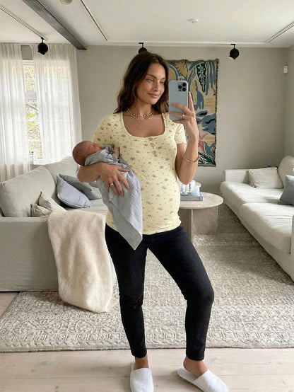 Maternity Grey Ditsy Floral Square Neck Short Sleeve T-Shirt - Slim Fit Knitted Summer Top for Pregnant Women