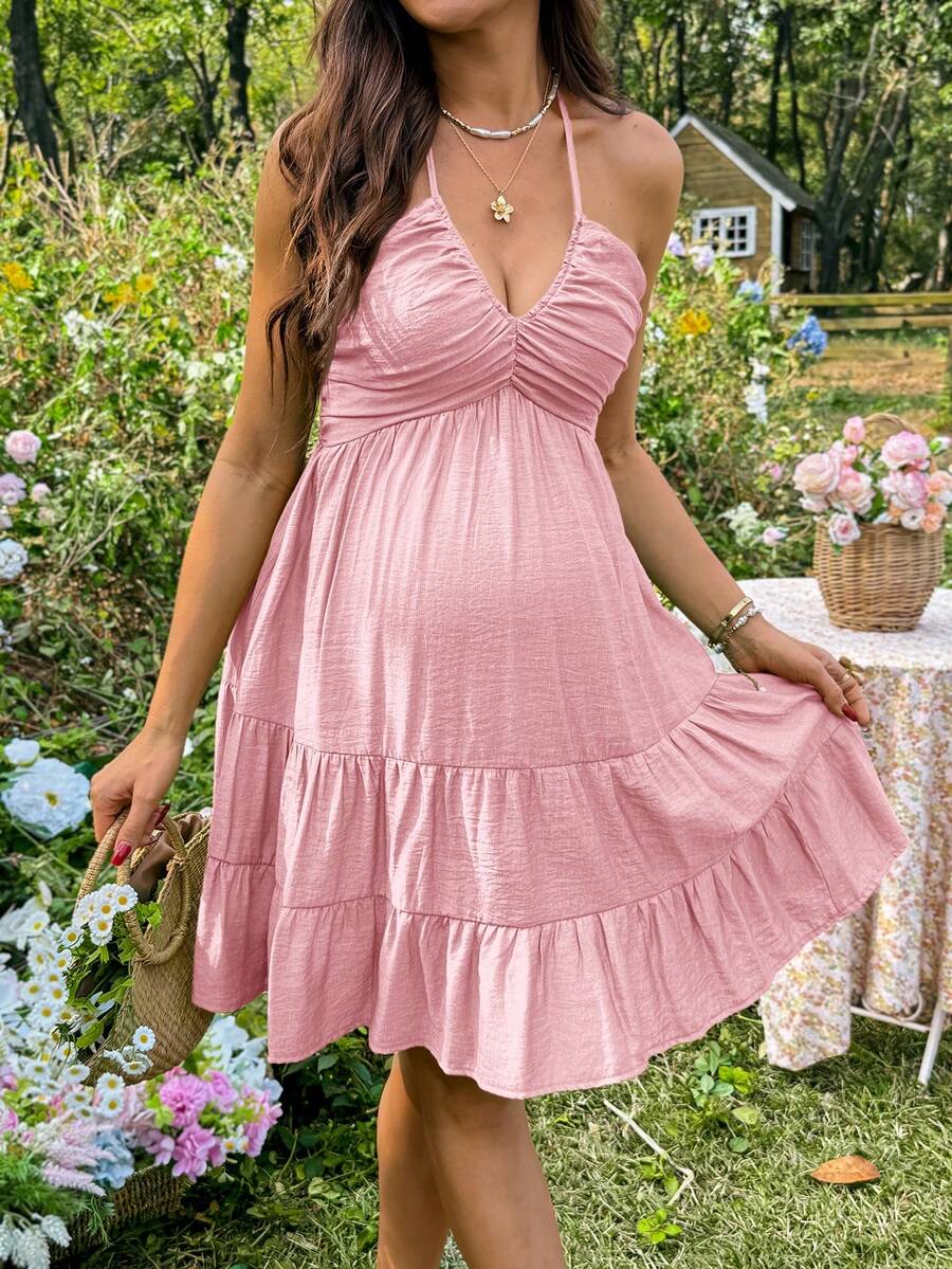 Maternity Vacation Solid Color Ruffle Hem Halter Neck Dress Green Maternity Dress Baby Shower Maternity Sundress Green Sundress Green Summer Dress Green Vacation Dress
