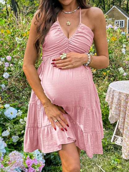 Maternity Vacation Solid Color Ruffle Hem Halter Neck Dress Green Maternity Dress Baby Shower Maternity Sundress Green Sundress Green Summer Dress Green Vacation Dress