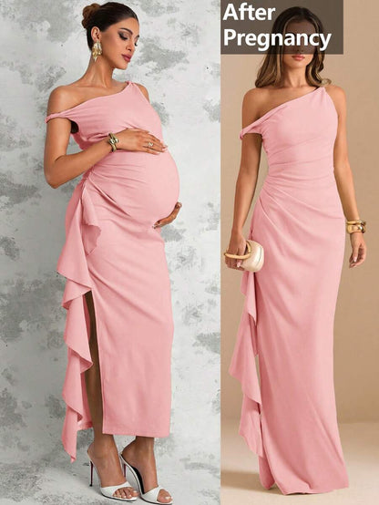 Maternity Sage Green Summer Elegant Dress,Asymmetric Shoulder Ruched Patchwork Ruffle Hem Side Slit Pregnancy Photoshoot Baby Shower Wedding Guest