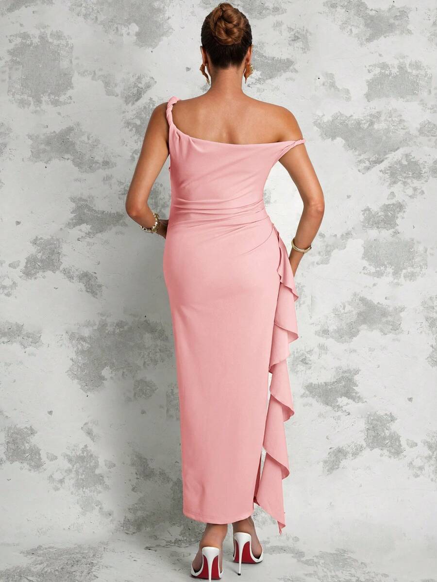 Maternity Sage Green Summer Elegant Dress,Asymmetric Shoulder Ruched Patchwork Ruffle Hem Side Slit Pregnancy Photoshoot Baby Shower Wedding Guest