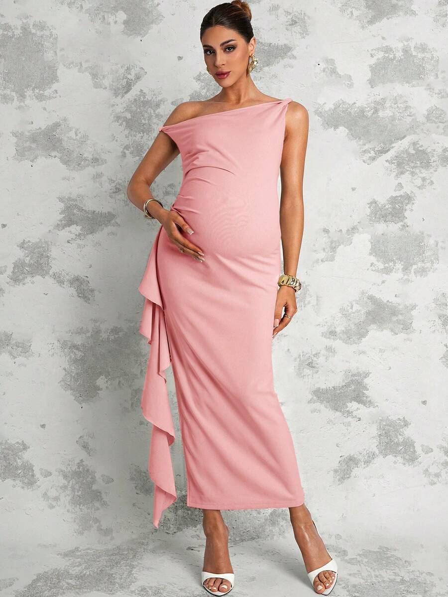 Maternity Sage Green Summer Elegant Dress,Asymmetric Shoulder Ruched Patchwork Ruffle Hem Side Slit Pregnancy Photoshoot Baby Shower Wedding Guest