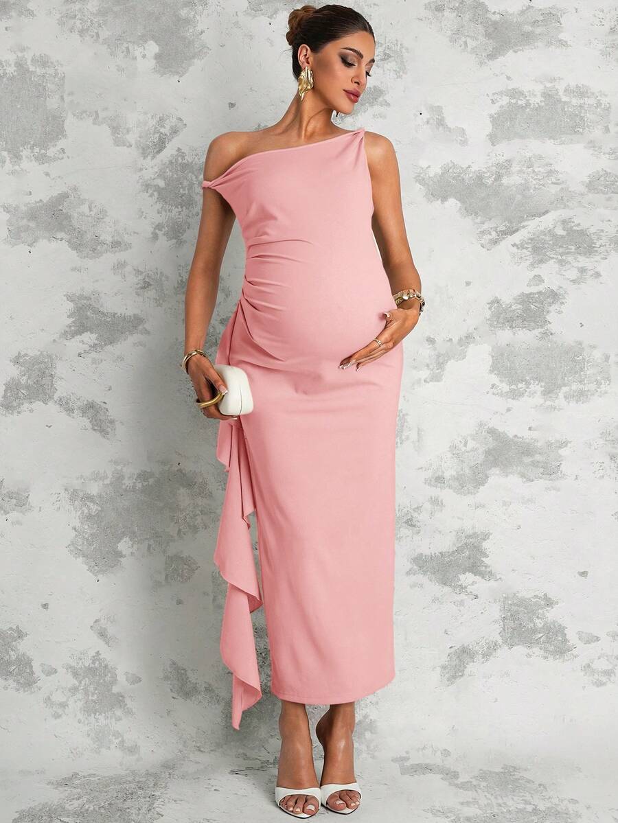 Maternity Sage Green Summer Elegant Dress,Asymmetric Shoulder Ruched Patchwork Ruffle Hem Side Slit Pregnancy Photoshoot Baby Shower Wedding Guest
