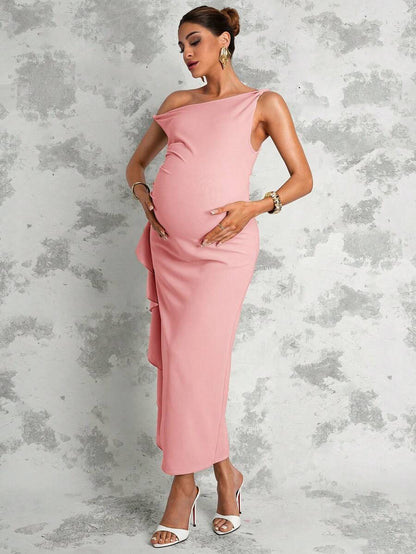 Maternity Sage Green Summer Elegant Dress,Asymmetric Shoulder Ruched Patchwork Ruffle Hem Side Slit Pregnancy Photoshoot Baby Shower Wedding Guest