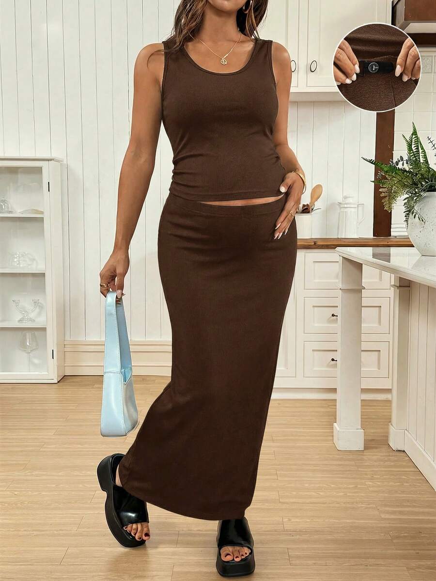 Maternity Scoop Neck Tank Top and Adjustable Waist Slit Skirt Set Solid Brown Fitted Ruched 2 Piece Set for Holiday