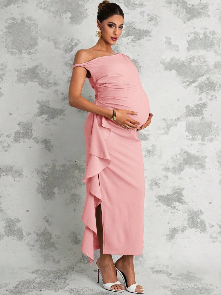Maternity Sage Green Summer Elegant Dress,Asymmetric Shoulder Ruched Patchwork Ruffle Hem Side Slit Pregnancy Photoshoot Baby Shower Wedding Guest