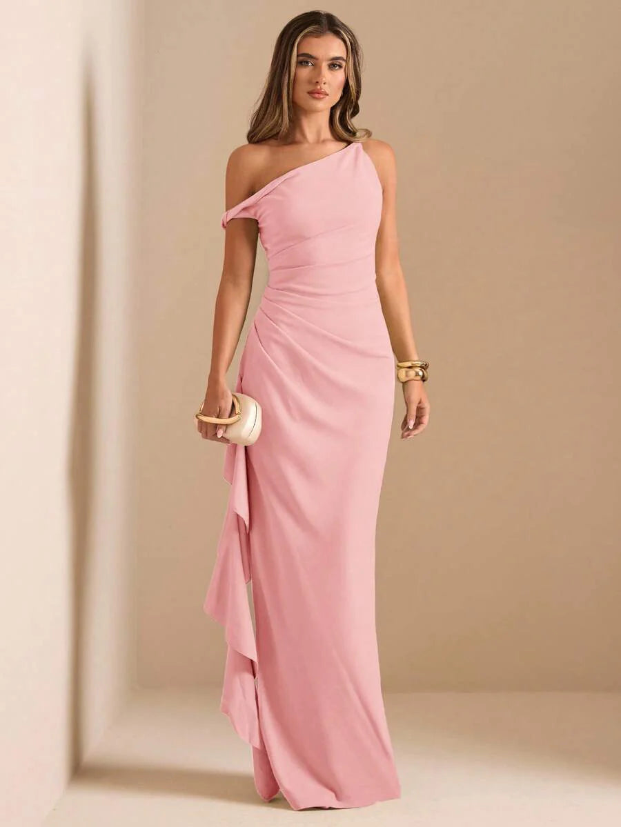 Maternity Sage Green Summer Elegant Dress,Asymmetric Shoulder Ruched Patchwork Ruffle Hem Side Slit Pregnancy Photoshoot Baby Shower Wedding Guest