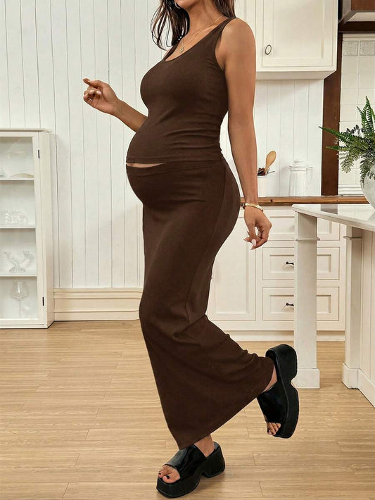 Maternity Scoop Neck Tank Top and Adjustable Waist Slit Skirt Set Solid Brown Fitted Ruched 2 Piece Set for Holiday