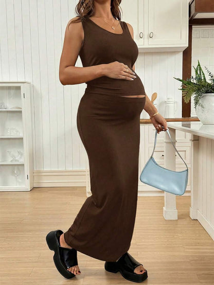 Maternity Scoop Neck Tank Top and Adjustable Waist Slit Skirt Set Solid Brown Fitted Ruched 2 Piece Set for Holiday