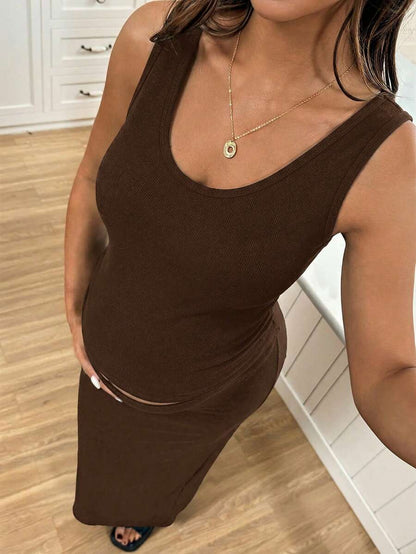 Maternity Scoop Neck Tank Top and Adjustable Waist Slit Skirt Set Solid Brown Fitted Ruched 2 Piece Set for Holiday