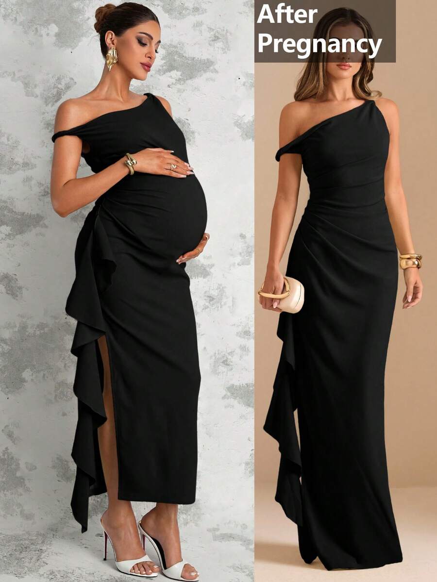 Maternity Sage Green Summer Elegant Dress,Asymmetric Shoulder Ruched Patchwork Ruffle Hem Side Slit Pregnancy Photoshoot Baby Shower Wedding Guest
