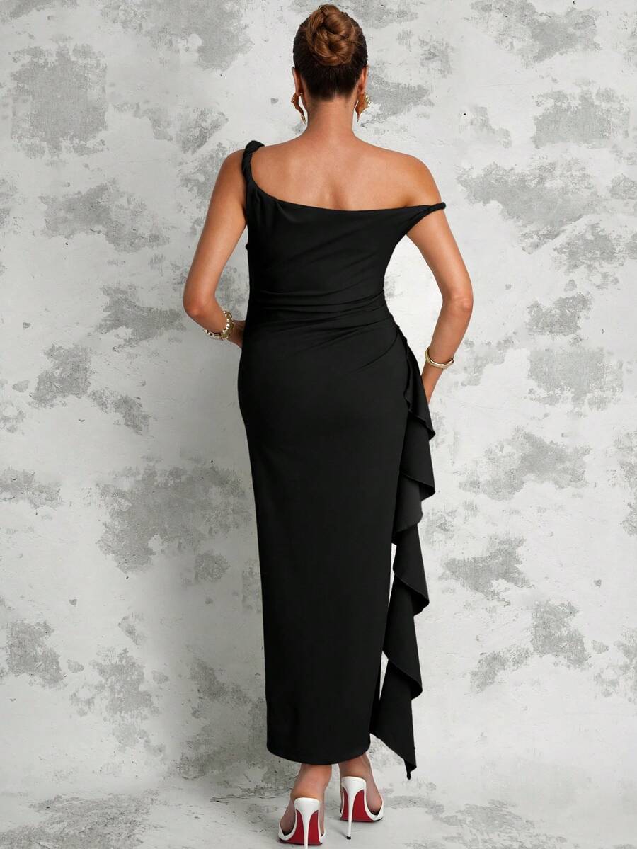Maternity Sage Green Summer Elegant Dress,Asymmetric Shoulder Ruched Patchwork Ruffle Hem Side Slit Pregnancy Photoshoot Baby Shower Wedding Guest