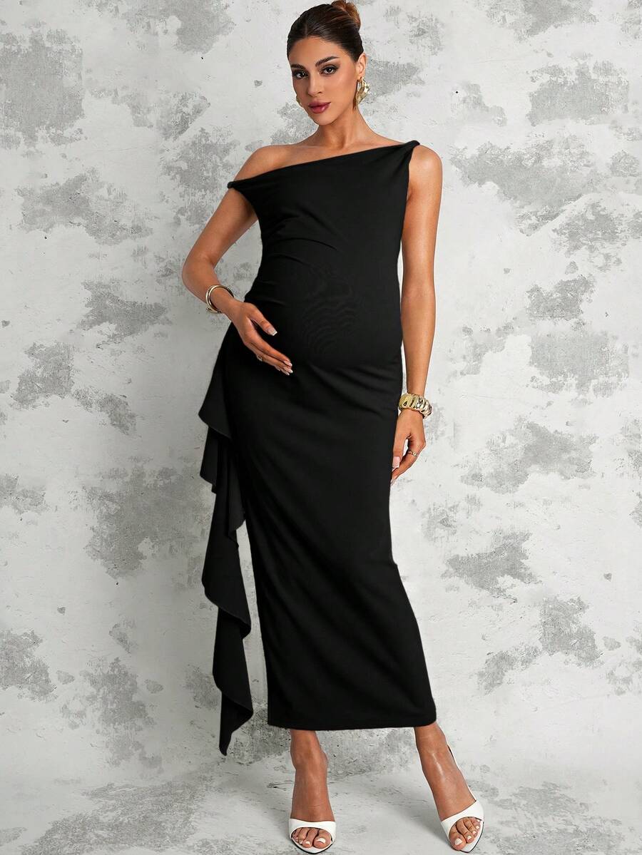 Maternity Sage Green Summer Elegant Dress,Asymmetric Shoulder Ruched Patchwork Ruffle Hem Side Slit Pregnancy Photoshoot Baby Shower Wedding Guest