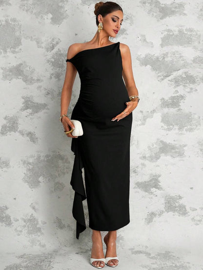 Maternity Sage Green Summer Elegant Dress,Asymmetric Shoulder Ruched Patchwork Ruffle Hem Side Slit Pregnancy Photoshoot Baby Shower Wedding Guest