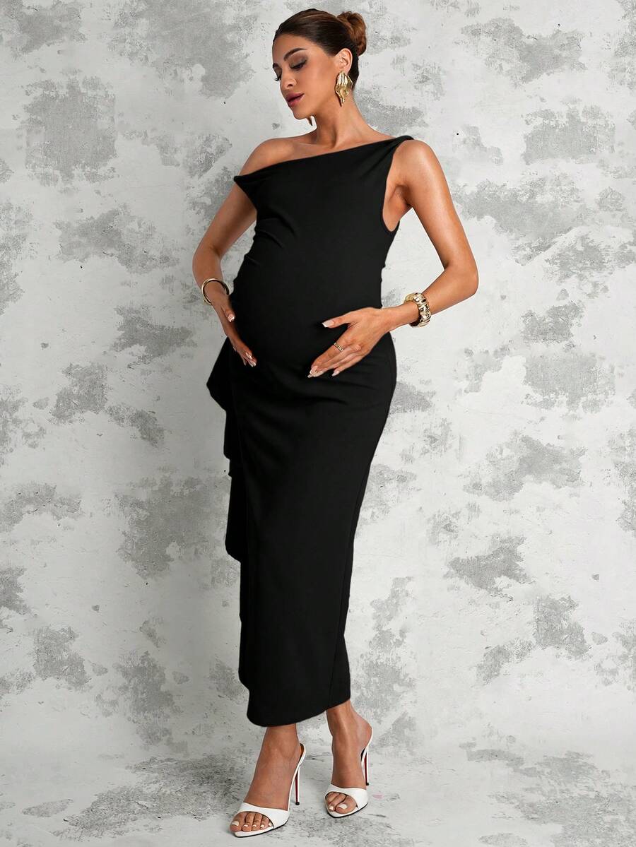 Maternity Sage Green Summer Elegant Dress,Asymmetric Shoulder Ruched Patchwork Ruffle Hem Side Slit Pregnancy Photoshoot Baby Shower Wedding Guest