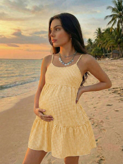 Maternity Red Plaid Cami Dress - Spaghetti Strap, Cold Shoulder, Backless, Slim Fit, Red