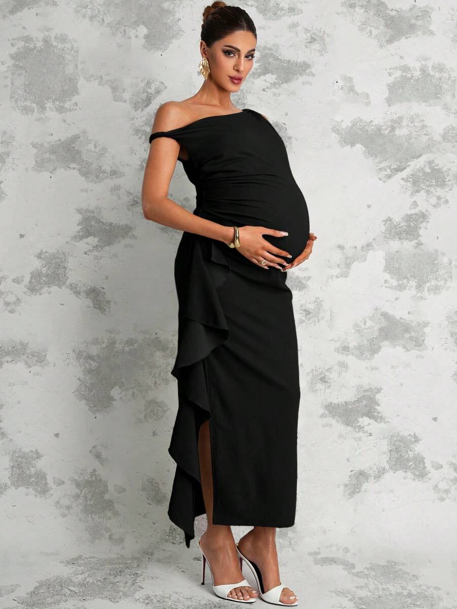 Maternity Sage Green Summer Elegant Dress,Asymmetric Shoulder Ruched Patchwork Ruffle Hem Side Slit Pregnancy Photoshoot Baby Shower Wedding Guest