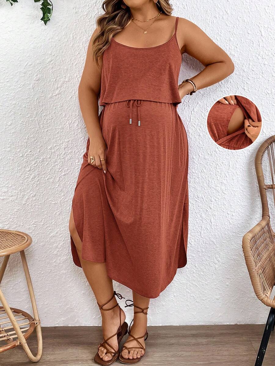 Maternity Spaghetti Strap Midi Dress - Backless, High Waist, Burgundy