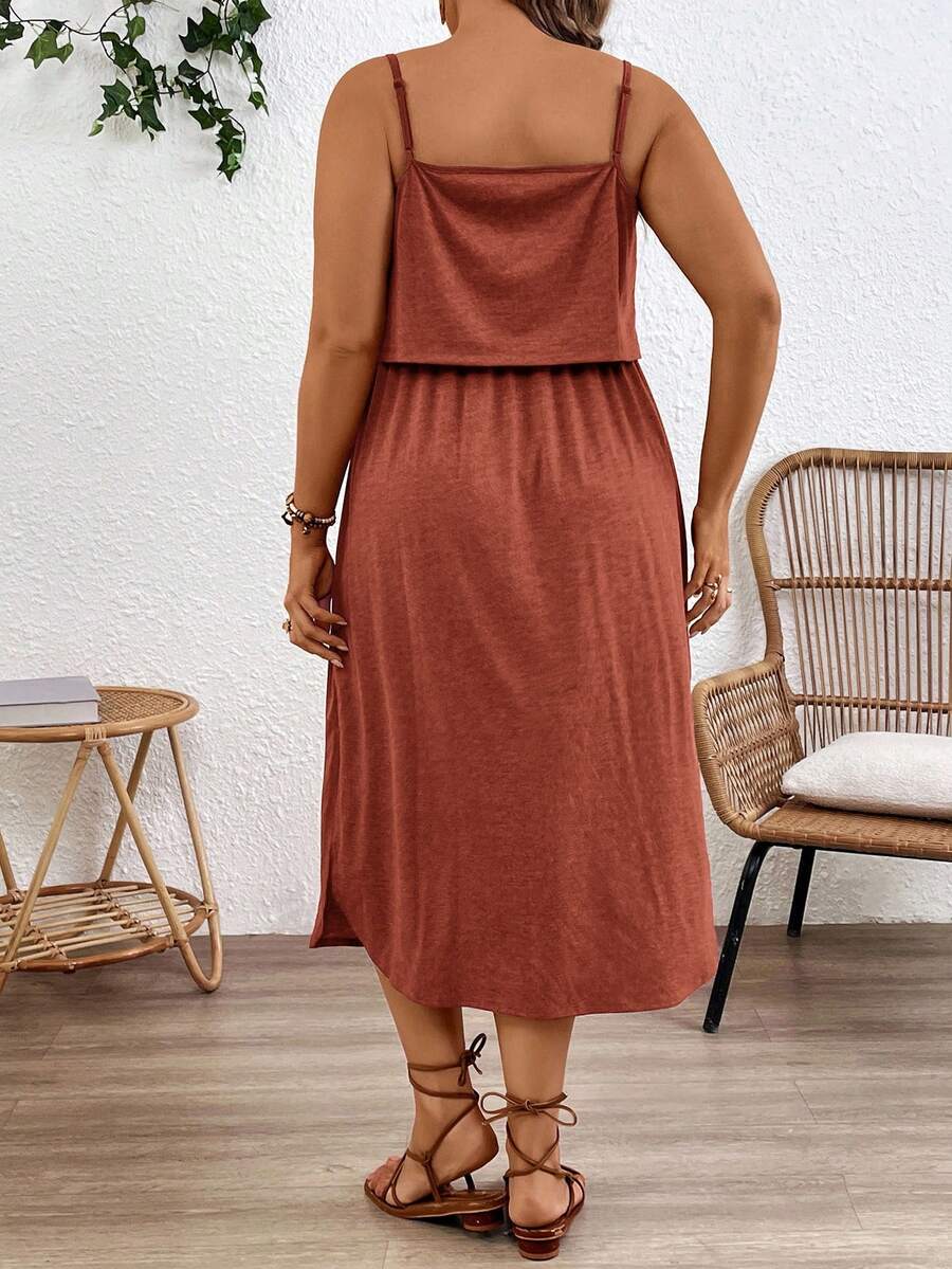 Maternity Spaghetti Strap Midi Dress - Backless, High Waist, Burgundy