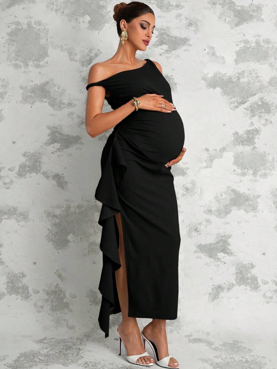 Maternity Sage Green Summer Elegant Dress,Asymmetric Shoulder Ruched Patchwork Ruffle Hem Side Slit Pregnancy Photoshoot Baby Shower Wedding Guest