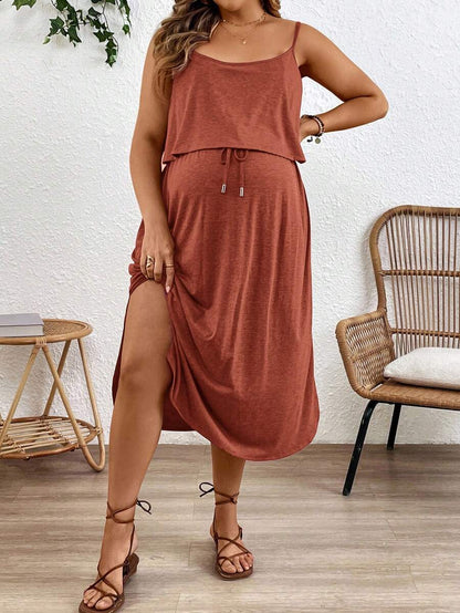 Maternity Spaghetti Strap Midi Dress - Backless, High Waist, Burgundy