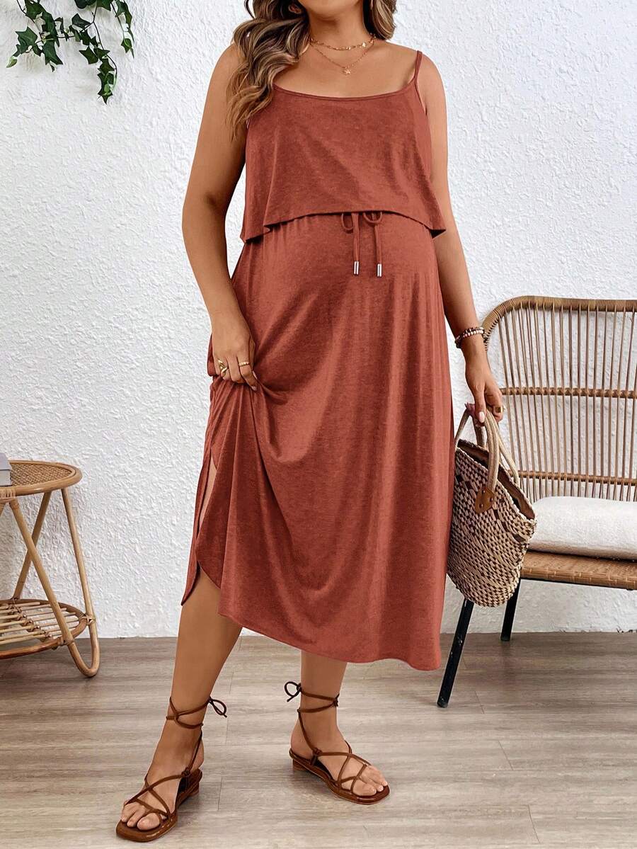 Maternity Spaghetti Strap Midi Dress - Backless, High Waist, Burgundy