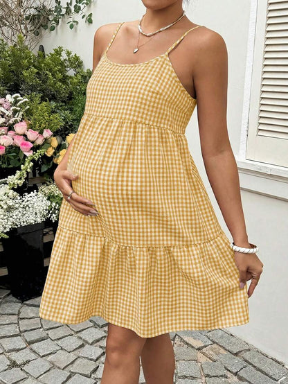 Maternity Red Plaid Cami Dress - Spaghetti Strap, Cold Shoulder, Backless, Slim Fit, Red