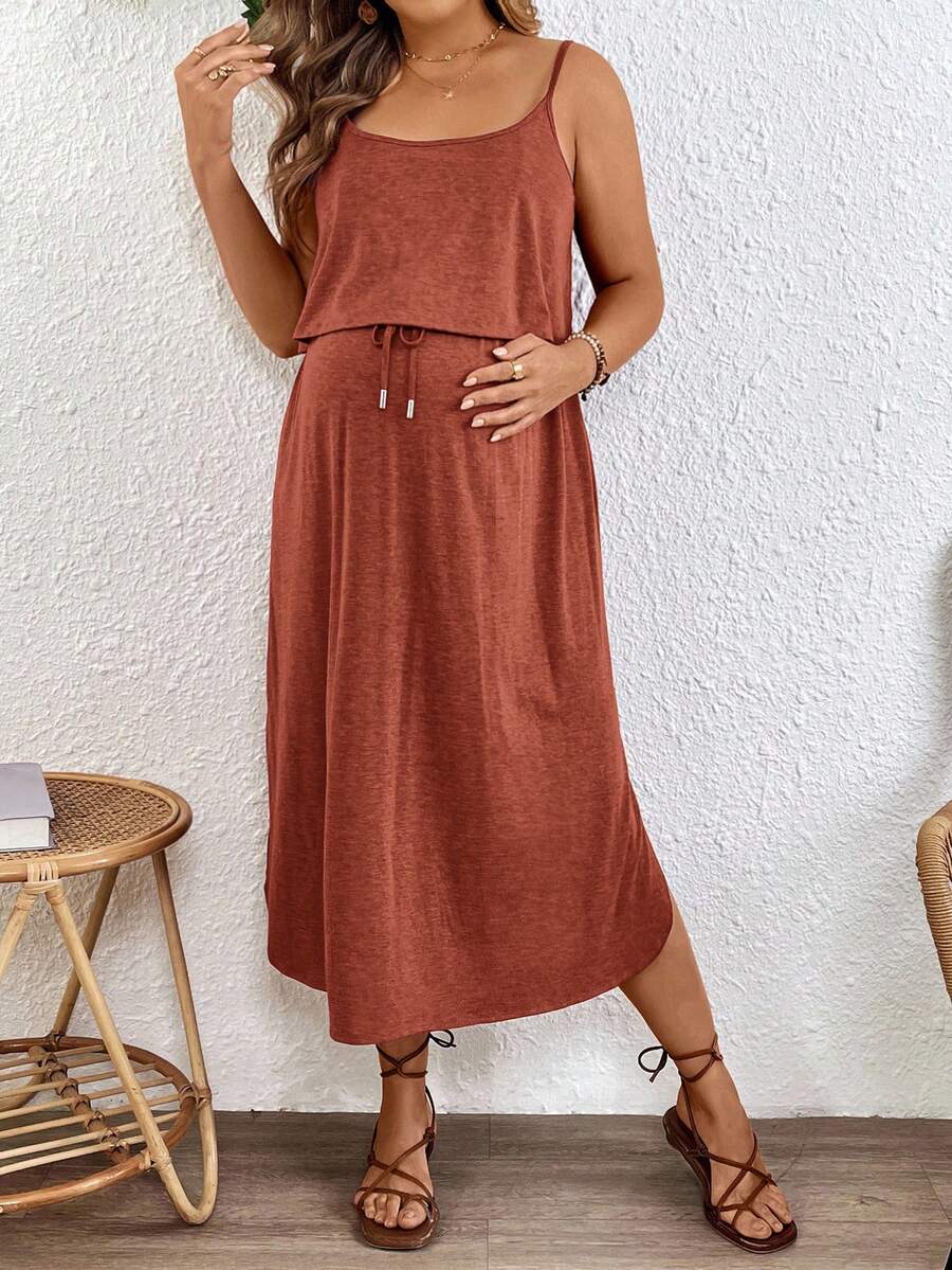 Maternity Spaghetti Strap Midi Dress - Backless, High Waist, Burgundy