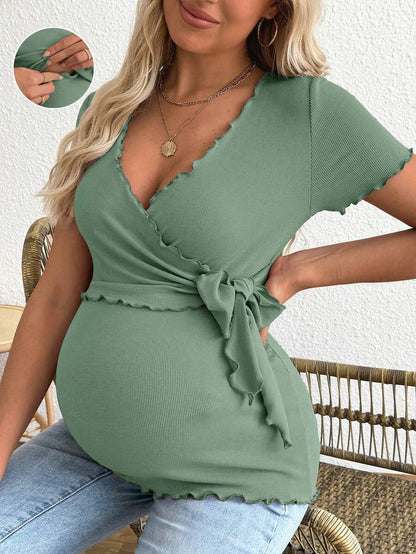 Maternity V-Neck Long Sleeve Tie Front Wrap Top with Lettuce Hem Casual Solid Green Summer Knit T-Shirt