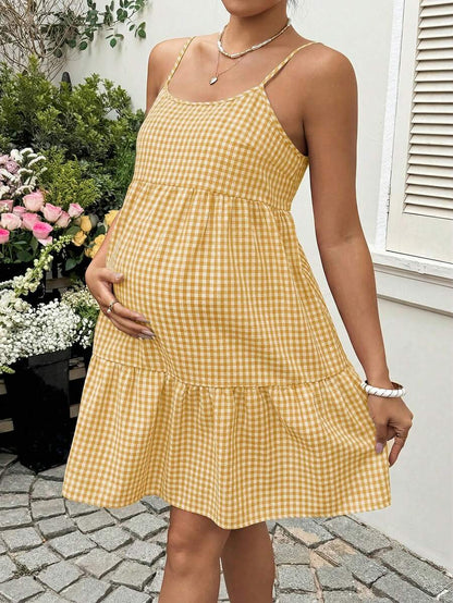 Maternity Red Plaid Cami Dress - Spaghetti Strap, Cold Shoulder, Backless, Slim Fit, Red