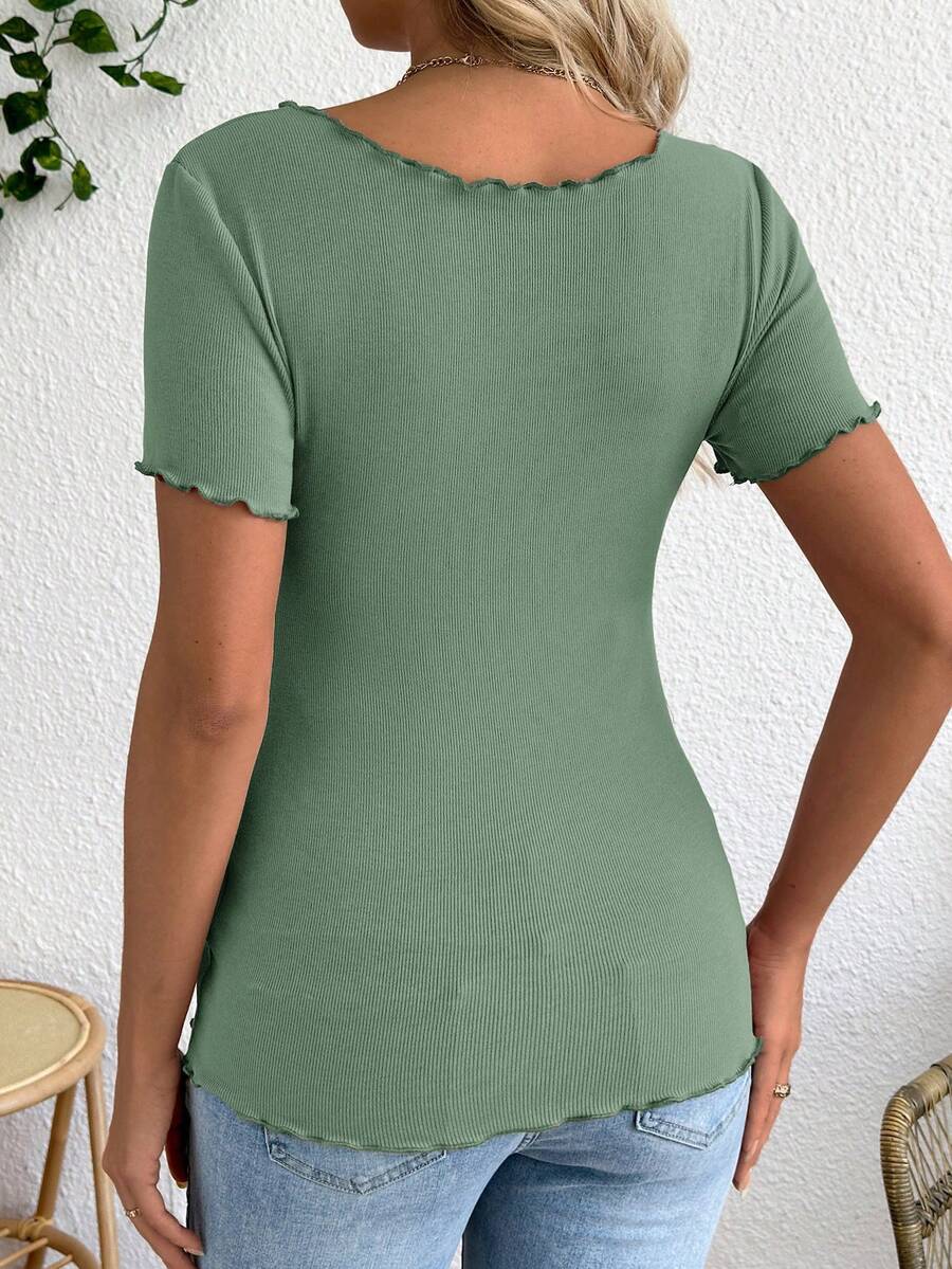 Maternity V-Neck Long Sleeve Tie Front Wrap Top with Lettuce Hem Casual Solid Green Summer Knit T-Shirt