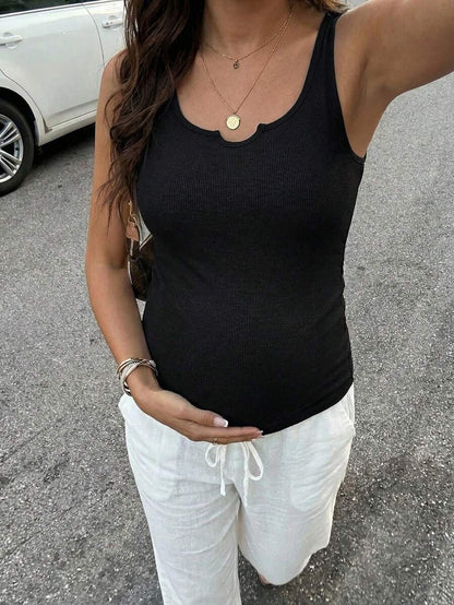 Maternity Solid V-Neck Tank Top - Casual Versatile Pregnancy Sleeveless Shirt