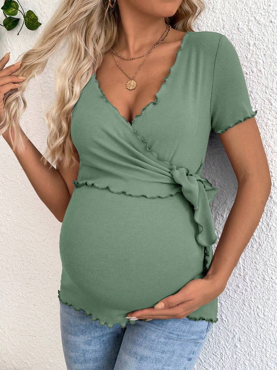 Maternity V-Neck Short Sleeve Belted T-Shirt - Casual Colorblock Regular Fit Summer Knit Top