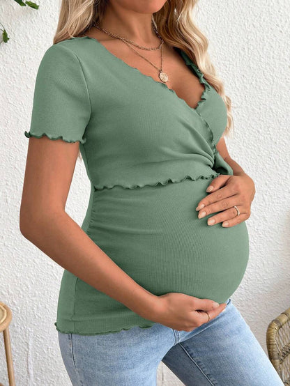 Maternity V-Neck Long Sleeve Tie Front Wrap Top with Lettuce Hem Casual Solid Green Summer Knit T-Shirt