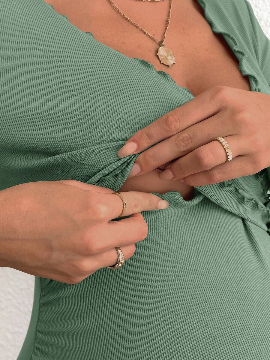 Maternity V-Neck Short Sleeve Belted T-Shirt - Casual Colorblock Regular Fit Summer Knit Top