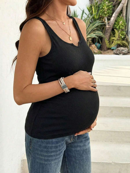 Maternity Solid V-Neck Tank Top - Casual Versatile Pregnancy Sleeveless Shirt