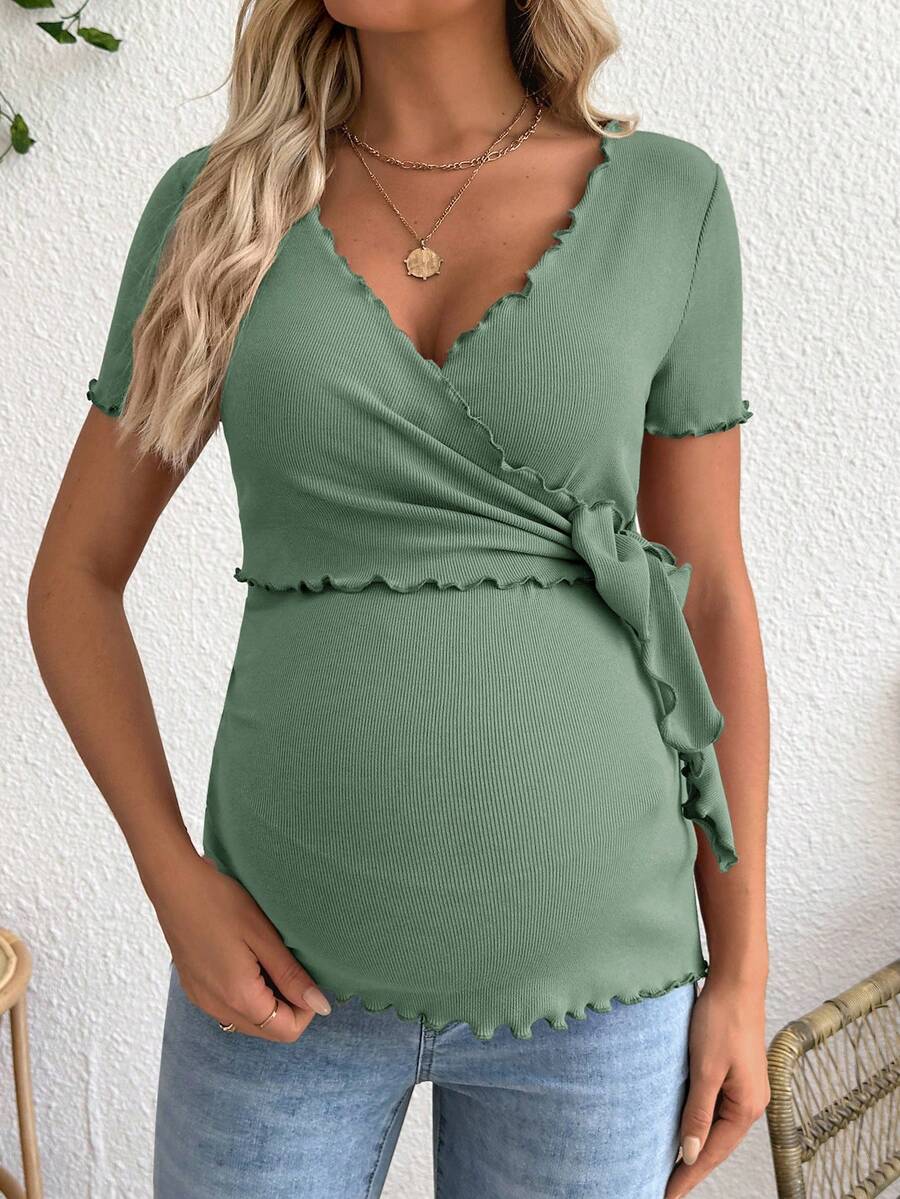 Maternity V-Neck Long Sleeve Tie Front Wrap Top with Lettuce Hem Casual Solid Green Summer Knit T-Shirt