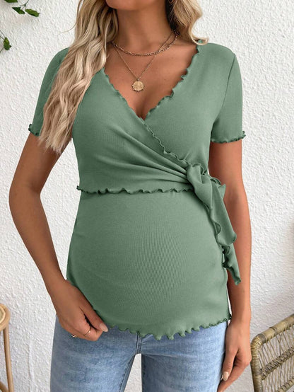 Maternity V-Neck Long Sleeve Tie Front Wrap Top with Lettuce Hem Casual Solid Green Summer Knit T-Shirt