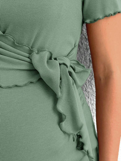 Maternity V-Neck Short Sleeve Belted T-Shirt - Casual Colorblock Regular Fit Summer Knit Top