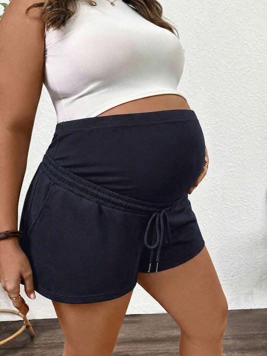 Plus Size Solid Color Ultra High Waist Maternity Shorts - Adjustable Elastic Waist Beach Skort