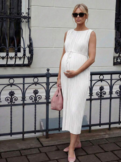 Maternity Pleated A-Line Midi Dress - Round Neck, Sleeveless, Belted, Slit Hem, White