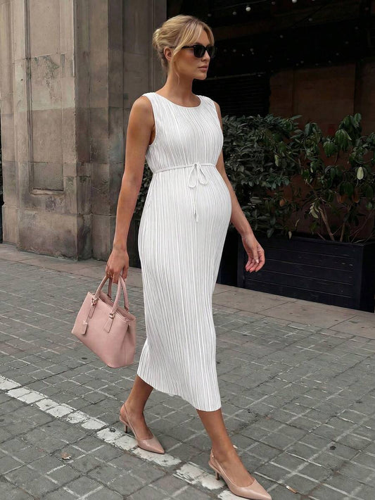 Maternity Pleated A-Line Midi Dress - Round Neck, Sleeveless, Belted, Slit Hem, White