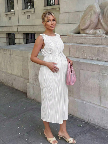 Maternity Pleated A-Line Midi Dress - Round Neck, Sleeveless, Belted, Slit Hem, White